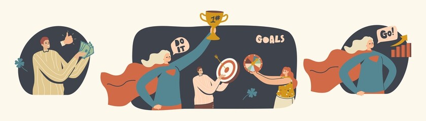 Set All in Your Hands Theme. Characters Dream of Success, Developing Skills, Embody Childhood Dreams. Leadership, Goals