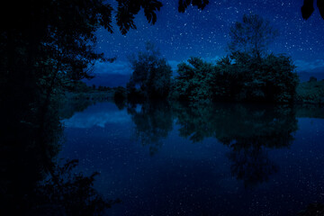 Fototapeta na wymiar milky way over a lake at summer night with clear skies under moonlight.