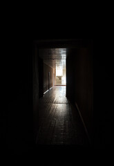 Fototapeta na wymiar Dark corridor. Mystical interior of dark empty corridor, tunnel in an abandoned house. Dark mysterious corridor. The interior of an abandoned house, road to hell.