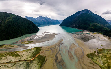 Delta of glacial river in a mountains aerial view