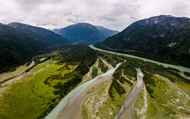 Fototapeta na wymiar Delta of glacial river with grass aerial view