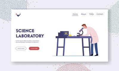 Neurobiology, Chemical Laboratory Research Landing Page Template. Male Scientist Character Working in Lab with Equipment