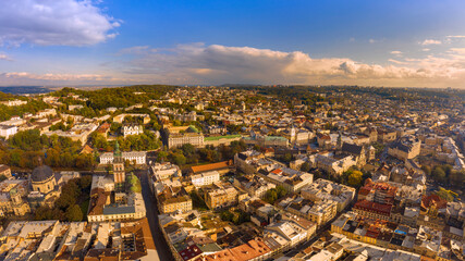 Lviv, Ukrainian city with beautiful architecture aerial view.