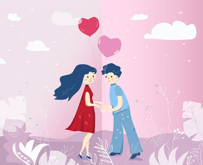 A  greeting card of a girl and a boy on a date - flat illustration with hearts in a pink color.