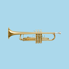 musical instrument trumpet on a blue background - obrazy, fototapety, plakaty