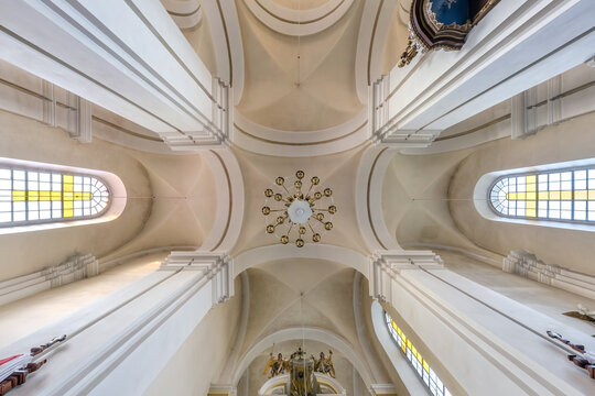 Interior And Dome And Looking Up Into A Old Catholic Baroque Church Ceiling