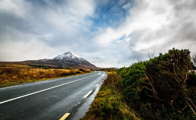 The road to the Mount Errigal in winter, near Gweedore in County Donegal, Ireland.