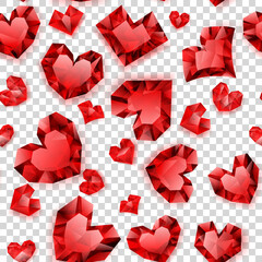 Seamless pattern of red hearts made of crystals witn shadows on transparent background