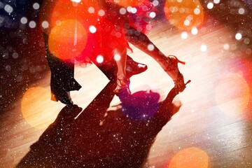 Man and woman feet dancing salsa on floor - obrazy, fototapety, plakaty