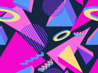 Geometrische Memphis nahtlose Muster im Stil der 80er Jahre. Moderner trendiger Hintergrund mit 3D-Objekten, virtueller Realität für Werbeartikel, Geschenkpapier und Druck. Vektor-Illustration