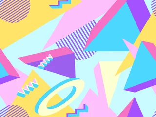 Behang Geometrische memphis naadloos patroon in stijl van de jaren 80. Moderne trendy achtergrond met 3D-objecten, virtual reality voor promotionele producten, inpakpapier en afdrukken. vector illustratie © andyvi
