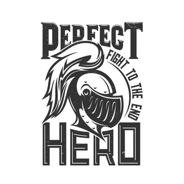 Tshirt print with knight head side view vector mascot. Apparel mockup with roman or greek gladiator. Solder or warrior helmet with plumage and visor, typography perfect hero, t shirt mock up template