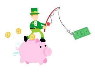 happy Leprechaun and pig bank money dollar bait economy finance cartoon doodle flat design style vector illustration