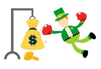 leprechaun punch gold coin money dollar cartoon doodle flat design style vector illustration