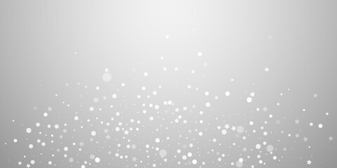 Magic stars random Christmas background. Subtle flying snow flakes and stars on light grey background. Astonishing winter silver snowflake overlay template. Memorable vector illustration.