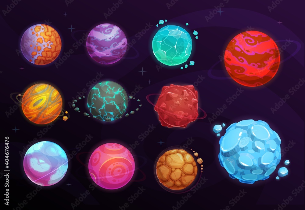 Poster planets of space games cartoon set of vector fantasy alien galaxy universe design. planets with orbi