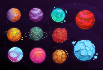 Planets of space games cartoon set of vector fantasy alien galaxy universe design. Planets with orbits of asteroids, craters and mountains, crystals and meteors, user interface, ui or gui themes