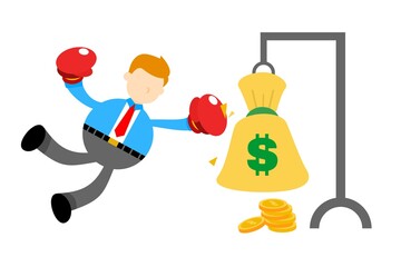 businessman punch money bag cartoon doodle flat design style vector illustration