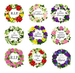 Funerary flower wreath with condolences set. Funeral vector round floral frame with peony, narcissus and jasmine, viola, crocus and lily of the valley, begonia, orchid and geranium flower arrangements