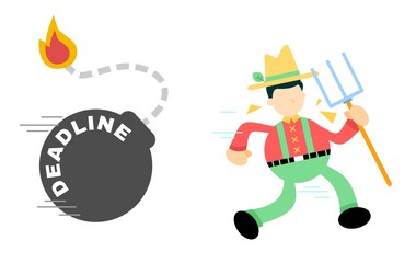 farmer man worker run for time bomb deadline cartoon doodle vector illustration flat design style