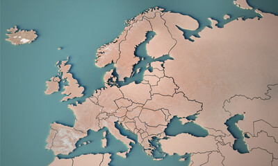 Continental map of Europe. Topography 3d render world map.