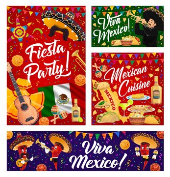 Viva Mexico vector banners with Mexican holiday sombrero, musicians and fiesta party food. Cinco de Mayo maracas, mariachi hats and guitar, pepper characters, Mexico flag and map, pinata and tequila