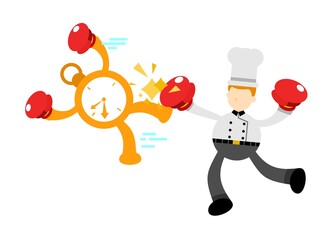 Fototapeta premium Chef man fight boxing with clock time cartoon doodle flat design style vector illustration