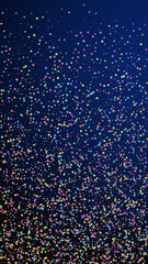 Festive comely confetti. Celebration stars. Colorful stars small on dark blue background. Great festive overlay template. Vertical vector background.