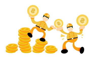 miner worker man and gold coin money dollar cartoon doodle flat design style vector illustration