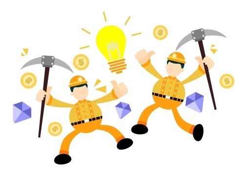 happy miner worker man diamond lamp light bulb cartoon doodle flat design style vector illustration