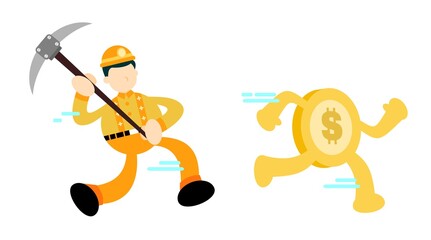 miner worker man and gold coin money dollar mining cartoon doodle flat design style vector illustration