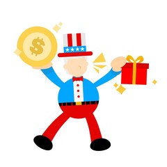 Uncle sam america people pick gold coin money and gift box cartoon doodle flat design style vector illustration