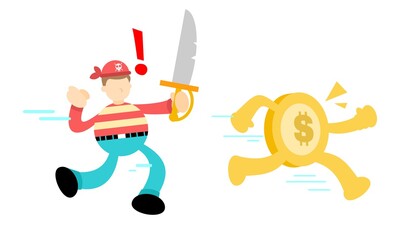 Fototapeta na wymiar Pirate sailor man and gold coin money dollar cartoon doodle flat design style vector illustration