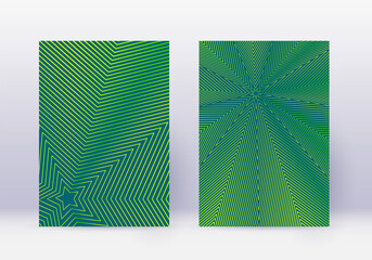 Cover design template set. Abstract lines modern brochure layout. Green vibrant halftone gradients on dark background. Magnificent brochure, catalog, poster, book etc.