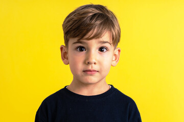 Front view portrait of small caucasian boy in front of yellow wall