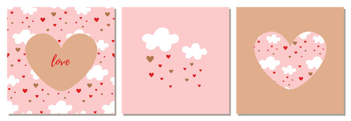 Set of cards for Valentine's Day. Hearts, obloka, rain of hearts.