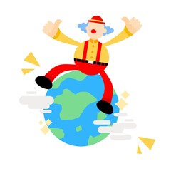 happy clown and earth globe cartoon doodle flat design style vector illustration