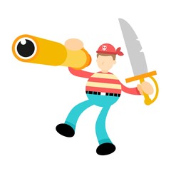 Pirate and telescope exploration cartoon doodle flat design style vector illustration