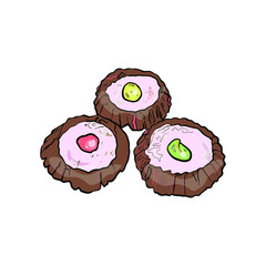 Vector chocolate brown cookies with pink filling, baked goods, isolated on white background.  Freehand illustration blank for designers, postcards, menus, icons, cafe, pastry shops