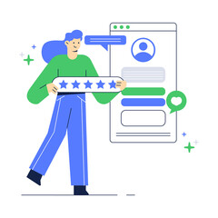 Illustration of people give feedback on application. Customer review website page.