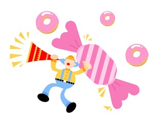 happy yellow clown and pink sugar sweet candy doughnut beverage cartoon doodle flat design style vector illustration