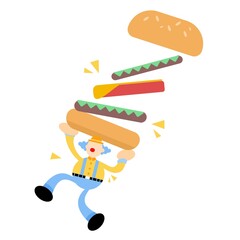 happy yellow clown and eat burger fast food cartoon doodle flat design style vector illustration