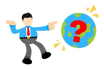 Fototapeta na wymiar businessman and ask sign question world cartoon doodle flat design style vector illustration