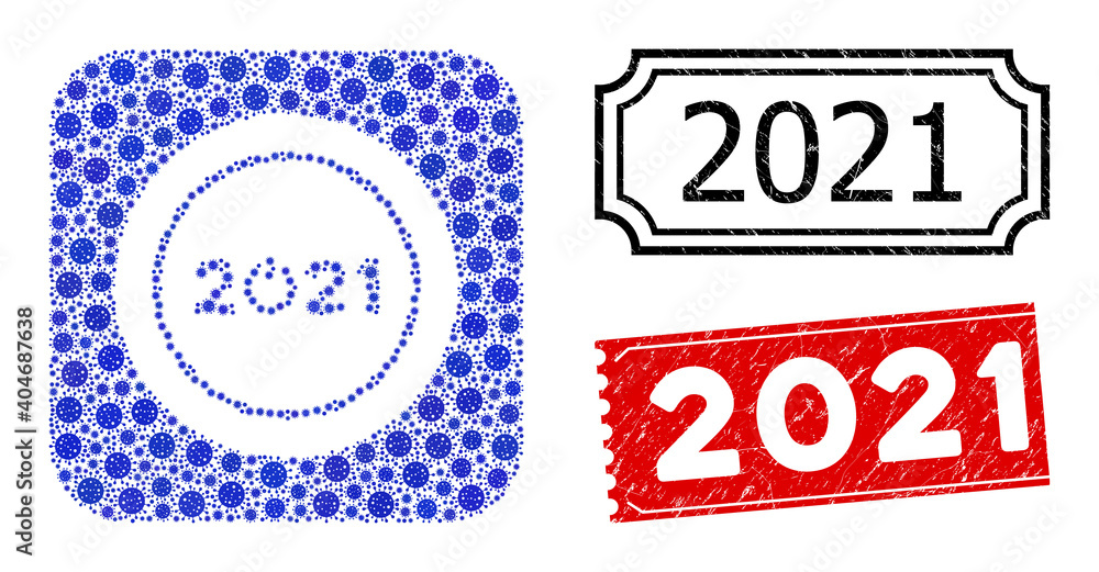 Poster vector collage start 2021 round button and grunge 2021 seal stamps. mosaic start 2021 round button c