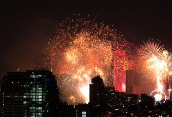 Firework lighting in bangkok cityscape background, Thailand.Night view and firework.