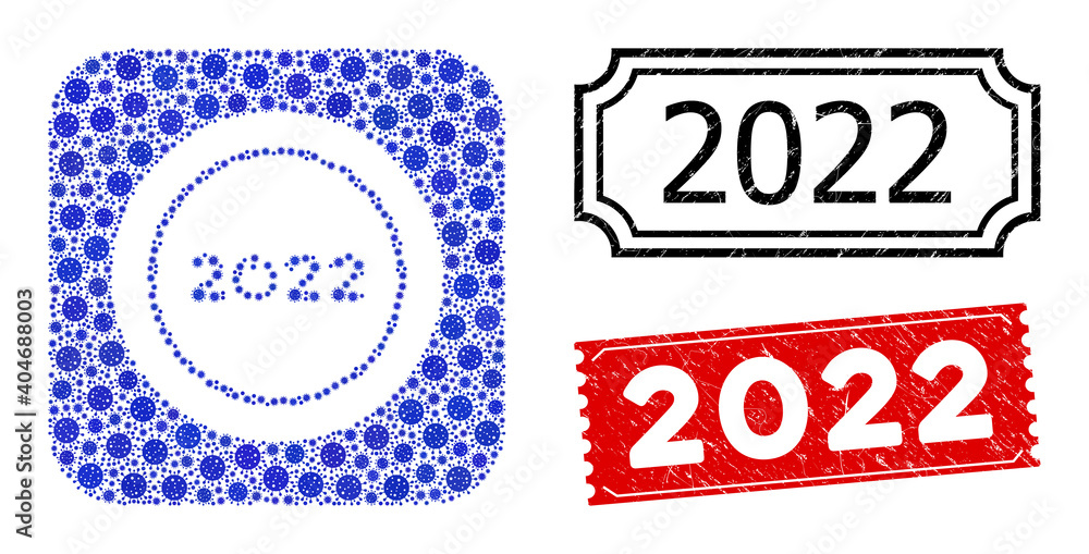Poster vector mosaic start 2022 round button and grunge 2022 seal stamps. mosaic start 2022 round button co