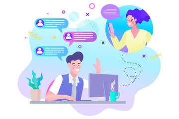 Fototapeta premium Vector illustration modern flat design. Online video communication concept of video presentation and training in business. conceptual of teamwork.