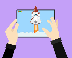 Tablet with rocket startup concept flat vector design.