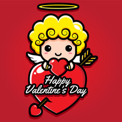 Cute cupid character designs holding hearts on greetings of Valentine's Day