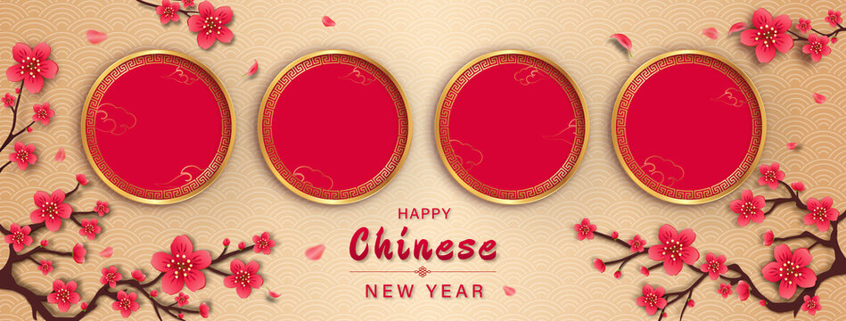 Happy Chinese new year banner background with empty red circles for your texts or pictures on golden oriental wave pattern